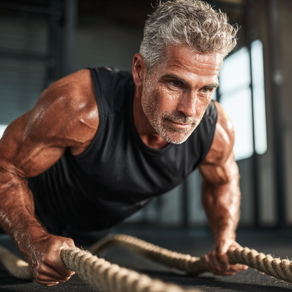 Mature adult man demonstrating mental focus and physical strength during training session