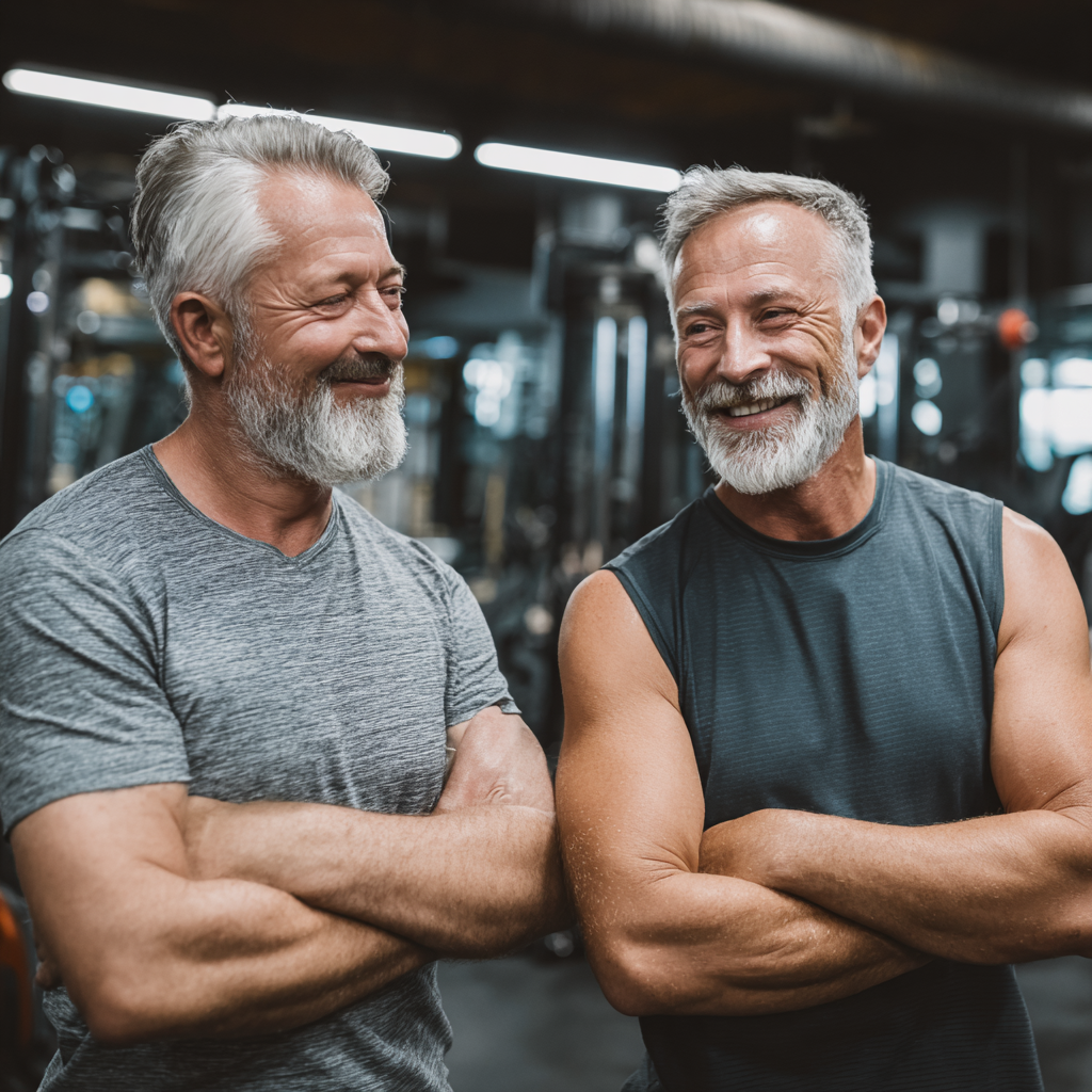 Older men supporting each other at modern gym
